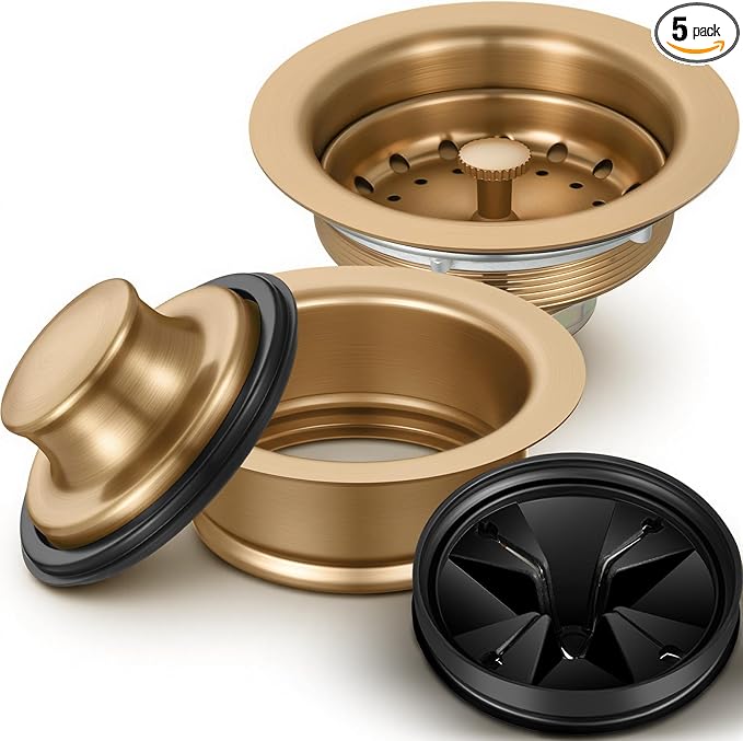 Norme 5 Pcs 3-1/2 Inch Kitchen Sink Drain Strainer Assembly Garbage Disposal Flange Stopper Plug Garbage Disposal Splash Guard Stainless Steel Sink Drain Strainer Replacement Kit(Champagne Bronze)