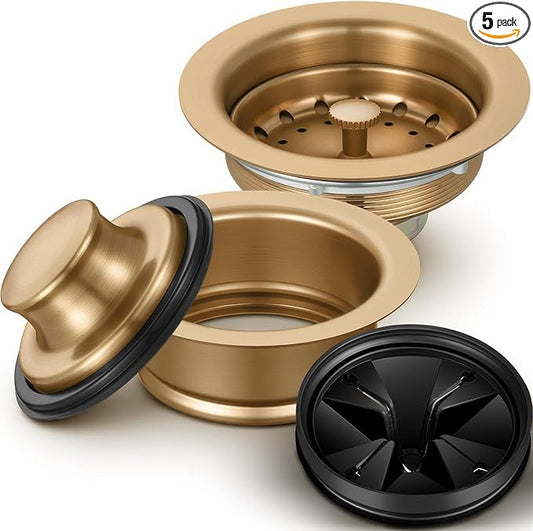 Norme 5 Pcs 3-1/2 Inch Kitchen Sink Drain Strainer Assembly Garbage Disposal Flange Stopper Plug Garbage Disposal Splash Guard Stainless Steel Sink Drain Strainer Replacement Kit(Champagne Bronze)