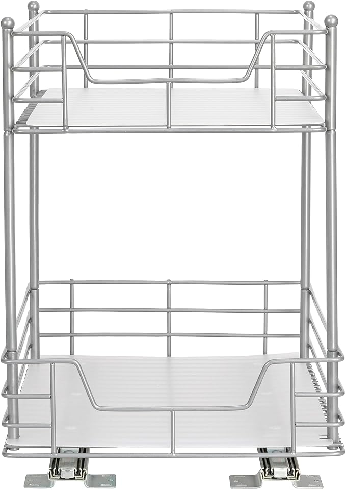 Household Essentials Glidez Steel Pull-Out/Slide-Out Storage Organizer with Plastic Liners for Under Cabinet or Wire Shelf Use - 2-Tier Design - Fits Standard Size Cabinet or Shelf, Brushed Silver