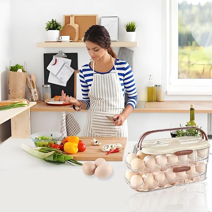 Egg Holder for Fridge with Lid and Handle，automatic Rolling Egg Dispenser for Refrigerator,Stackable egg organizer for refrigerator, Countertop, Kitchen & Outdoor Use or Pantry Storage,Timed Freshness
