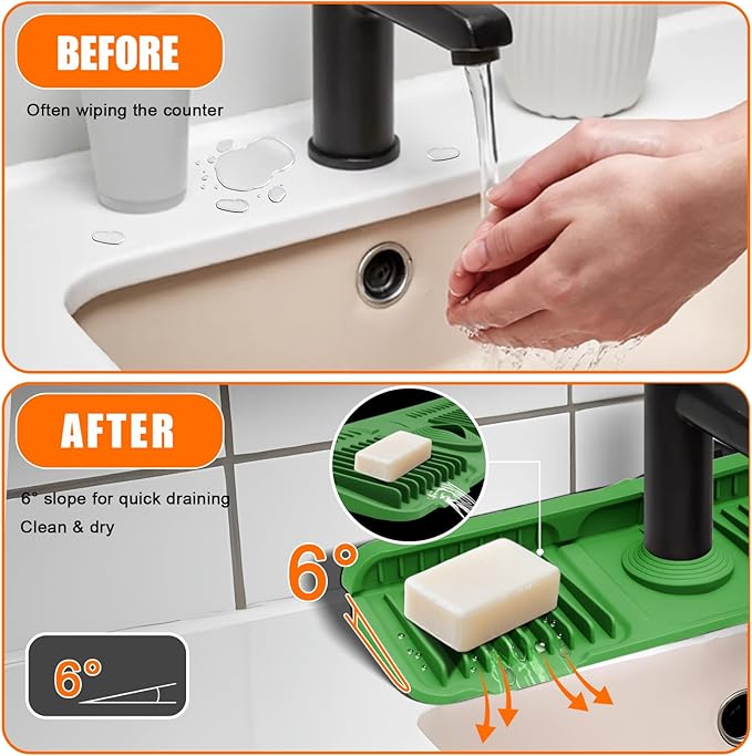14.5" Green Silicone Faucet Mat for Kitchen Sink – Button Style Faucet Drip Catcher Sink Splash Guard with 6° Slope, Behind Faucet Draining Mat | Leak-Proof Countertop Protector for Kitchen Bathroom