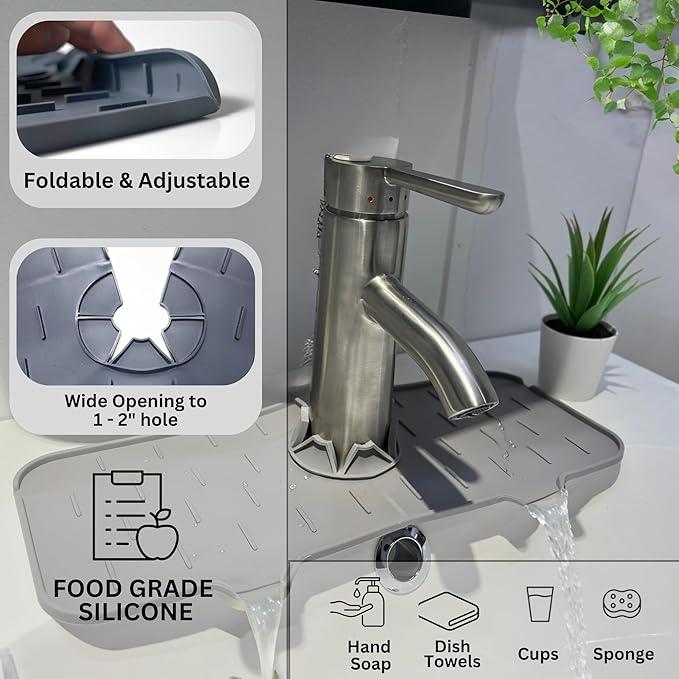 Silicone Sink Splash Guard, Drip Catcher Tray Mat | Kitchen Guard Gadgets Sink Accessories, kitchen sink sponge holder | 15"" x 5.5"" Drying Mat for Kitchen Counter, faucet accessories - Grey, Gray