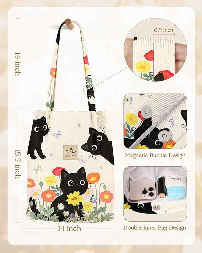 Miss Adola Corduroy Tote Bag for Women - Reusable Totes with Magnetic Buckle & Pocket Aesthetic Design Work Grocery Bags