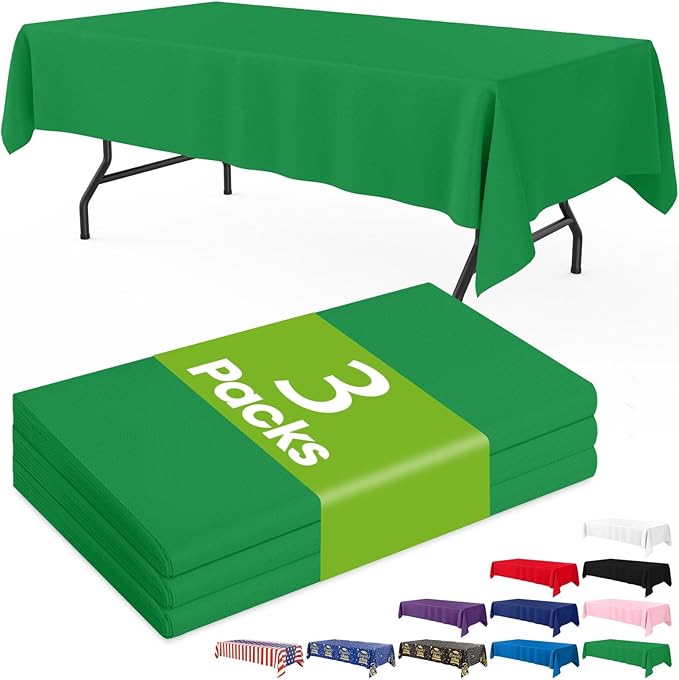 Pureegg Plastic Table Cloth Disposable 3 Pack, 54x108 Inch Rectangular Table Cloth, Leakproof Table Cover for Parties, Picnic, Weddings, St Patricks Day, Christmas Decorations, Green