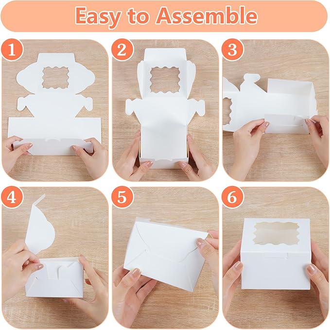 12 Pcs Cookie Boxes with Window, 6x6x3 Inches White Bakery Boxes, Treat Boxes with 50 Pcs Cookie Bags and 12 Pcs Stickers, for Dessert Pastry Chocolate Strawberries Macarons Donut Cupcake