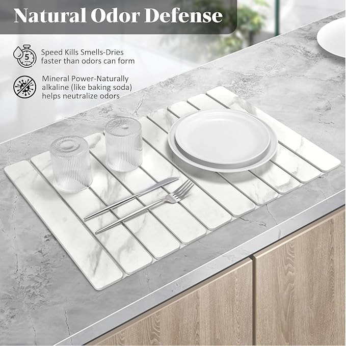 2 PCS Large Stone Dish Drying Mat for Kitchen Counter, 24"×16" Marble Dish Drying Mat with 8"x 4" Coasters, Non - Slip Collapsible Absorbent Mat for Multi - Purpose, Match Any Countertop【White】