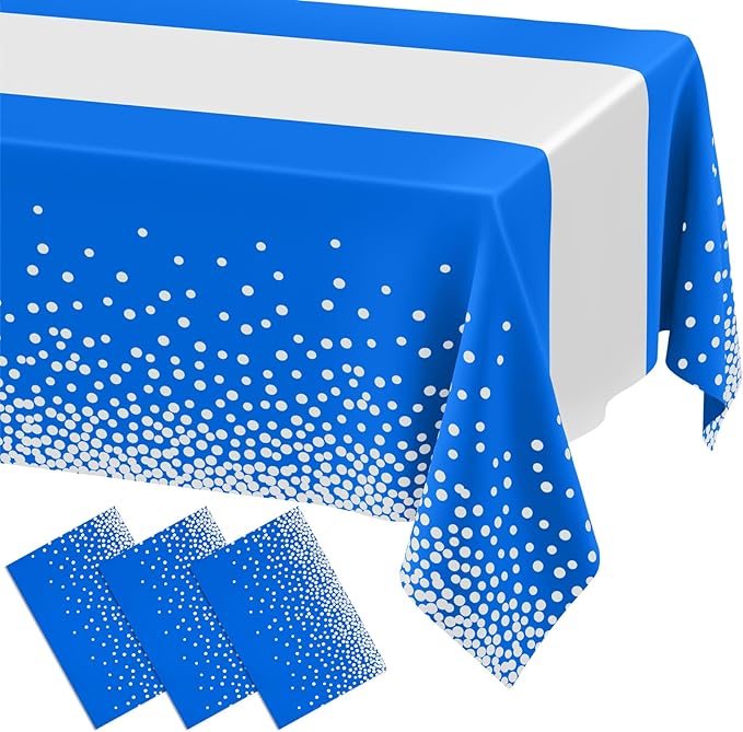 Smiry Plastic Table Cloth Disposable 3 Pack, 54 x 108 Inch Rectangle Waterproof Tablecloth, Printed Gold Table Runner Style for Birthday Weeding, Party Decorations, Leakproof & Sturdy, Blue and Sliver