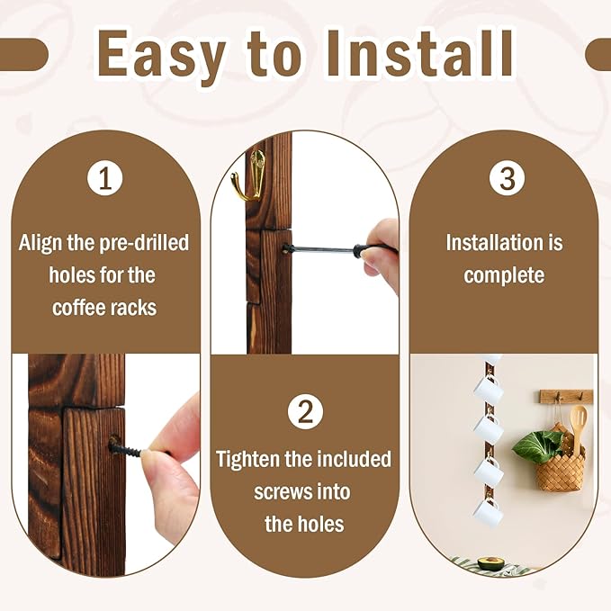 2 Pack Coffee Mug Wall Rack with 12 Hooks Burnt Wood Wall Mounted Coffee Mug Holder Brown Coffee Cup Organizer Coffee Mug Shelf Hanger Espresso Cup Hanging Rack Tea Cup Display Stand for Bar