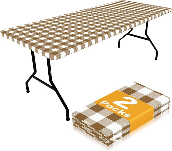 Smiry Picnic Table Cloth 2 Pack, Waterproof Elastic Fitted Tablecloths for 8FT Rectangle Tables, Washable Polyester Buffalo Plaid Tablecloth for Camping, Dining & Outdoor (Brown & White, 30" x 96")