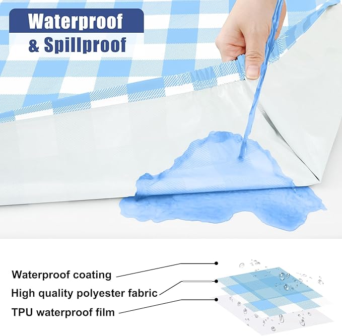 Smiry Picnic Table Cloth 2 Pack, Waterproof Elastic Fitted Tablecloths for 8FT Rectangle Tables, Washable Polyester Buffalo Plaid Tablecloth for Camping & Outdoor (Light Blue & White, 30" x 96")