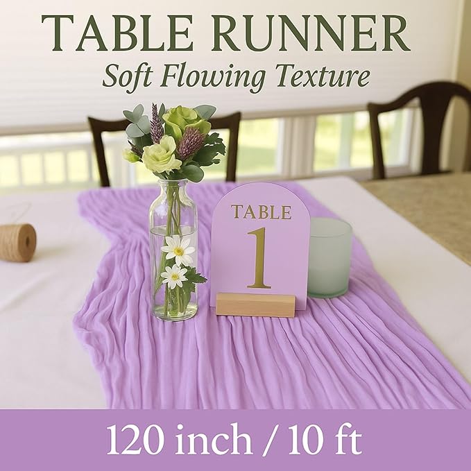 6 Pack Lilac 10FT Purple Cheesecloth Table Runner –120 Inch Boho Gauze Table Runners for Spring Wedding, Birthday, Fairy Garden Bridal Shower Decor