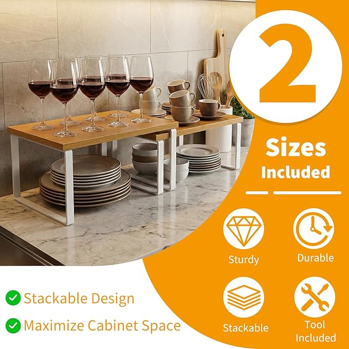 2 Pack Cabinet Organizer Shelf, Coffee Cup Organizer for Cabinet, Stackable and Expandable, Wood Kitchen Counter Shelves with Metal Legs, with Easy-Install Tool, for Mug and Cup Storage