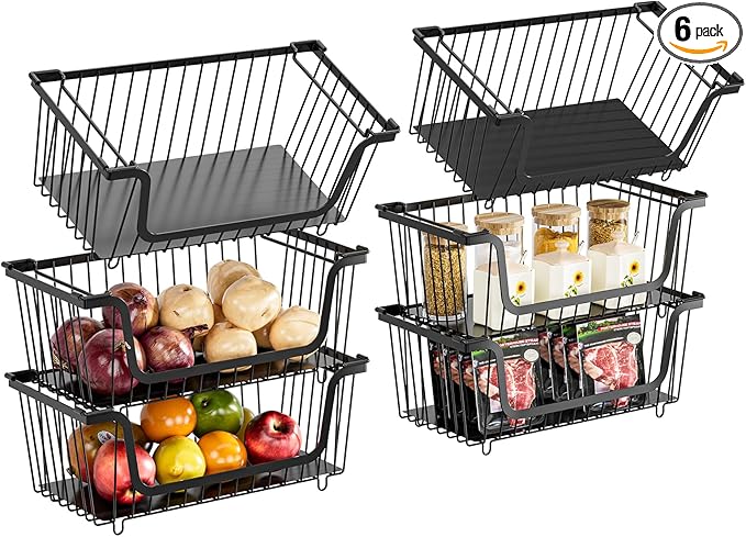 6 Pcs Stackable Wire Baskets for Pantry Organizers and Storage,Vegetable Fruit Basket for Countertop,Kitchen Storage Metal Baskets,Produce Potato Onion Storage Bin,Black