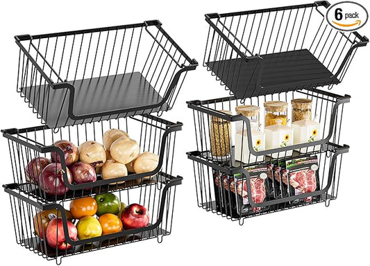 6 Pcs Stackable Wire Baskets for Pantry Organizers and Storage,Vegetable Fruit Basket for Countertop,Kitchen Storage Metal Baskets,Produce Potato Onion Storage Bin,Black