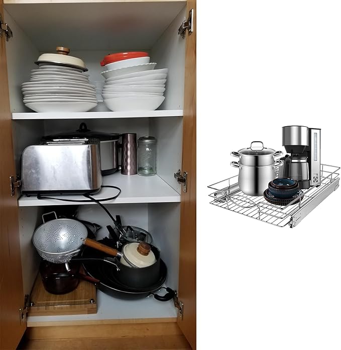 Sikarou Pull Out Cabinet Organizer 11" W x 21" D, Heavy Duty Kitchen Cabinet Pull Out Shelves, Slide Out Wire Basket for Kitchen Cabinets, Bathroom, Pantry, Chrome Finish