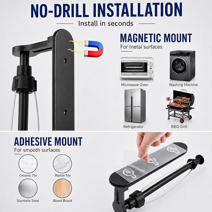 Magnetic Paper Towel Holder for Fridge-Great Adhesive Magnetic,One Hand Operable Paper Towel Holder,No Drill Wall Mount Hanging for Garage RV Kitchen (Black)