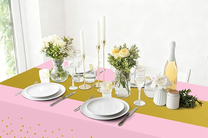 Smiry Plastic Table Cloth Disposable 3 Pack, 54 x 108 Inch Rectangle Waterproof Tablecloth, Printed Gold Table Runner Style for Birthday Weeding, Party Decorations, Leakproof & Sturdy, Pink and Gold