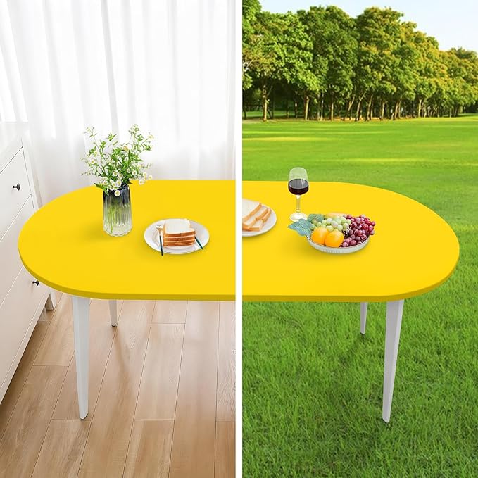 NEWISHER Fitted Oval Tablecloth 48 x 68 Inch Elastic Table Cloth, Stretch Spandex Table Cover Gold Washable Polyester Top Cap Cover for Dining Picnic Camping Indoor and Outdoor
