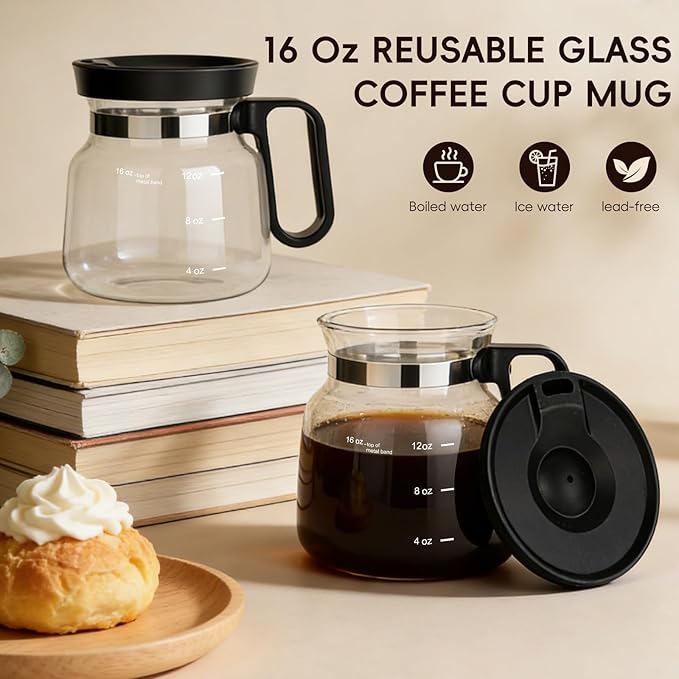 16 Oz Coffee Pot Mug,Mini Coffee Pot Cup,with Spill Proof Lid Heatproof Glass Mug Large Capacity ideal Gift for Coffee Lovers (2Pcs)