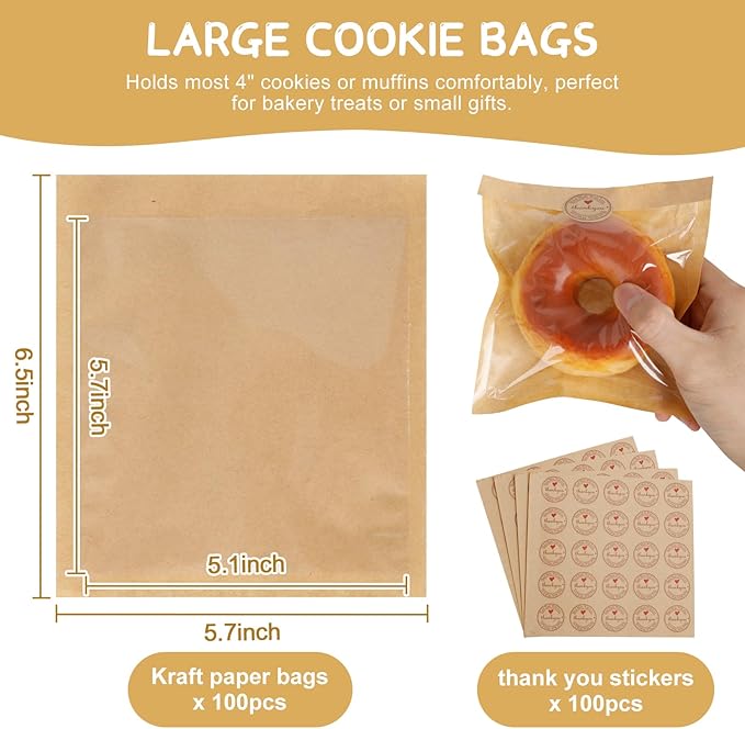 SUREHOME Cookie Bags Small Brown Paper Bags with Window 100 Pcs Thank You Stickers 5.7 x 6.5 Inch Individual Heat Sealable Kraft Bakery Bags for Gift Giving, Treats, Snacks, Baked Goods Packaging