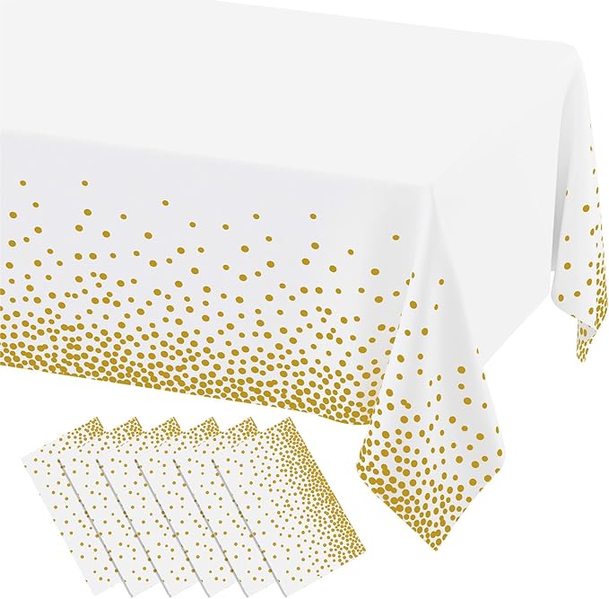 misaya 6 Packs Dot Disposable Table Cloth, 54 x 108 Inch Waterproof Plastic Tablecloth, Rectangle Gold Dots in White Table Covers for Picnic, Birthday, Party