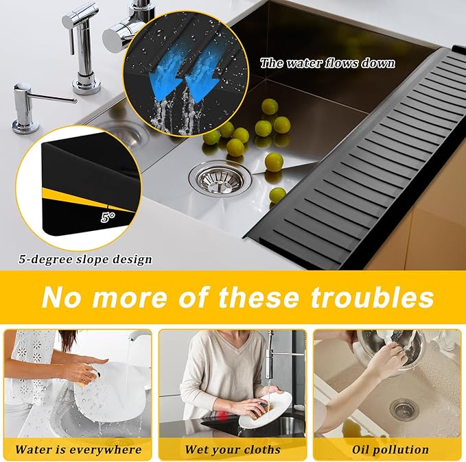 Silicone Sink Edge Protectors - Multifunction Accessories, Splash Guard & Draining Mat for Kitchen, Bathroom Sink, Steel, Granite, Quartz Countertops (Black, 4 * 14in)