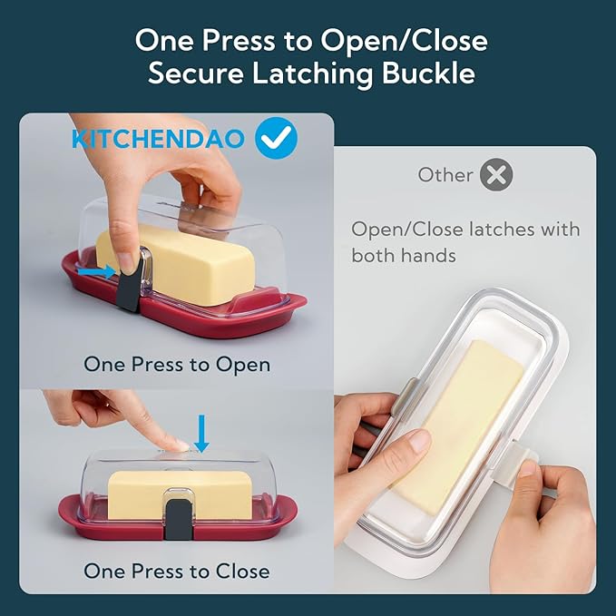 KITCHENDAO One-handed Airtight Butter Dish with Lid for Countertop and Refrigerator Door Shelf, Butter Holder with One Press to Open/Close Secure Latching Buckle for West/East Coast Butter (Red)