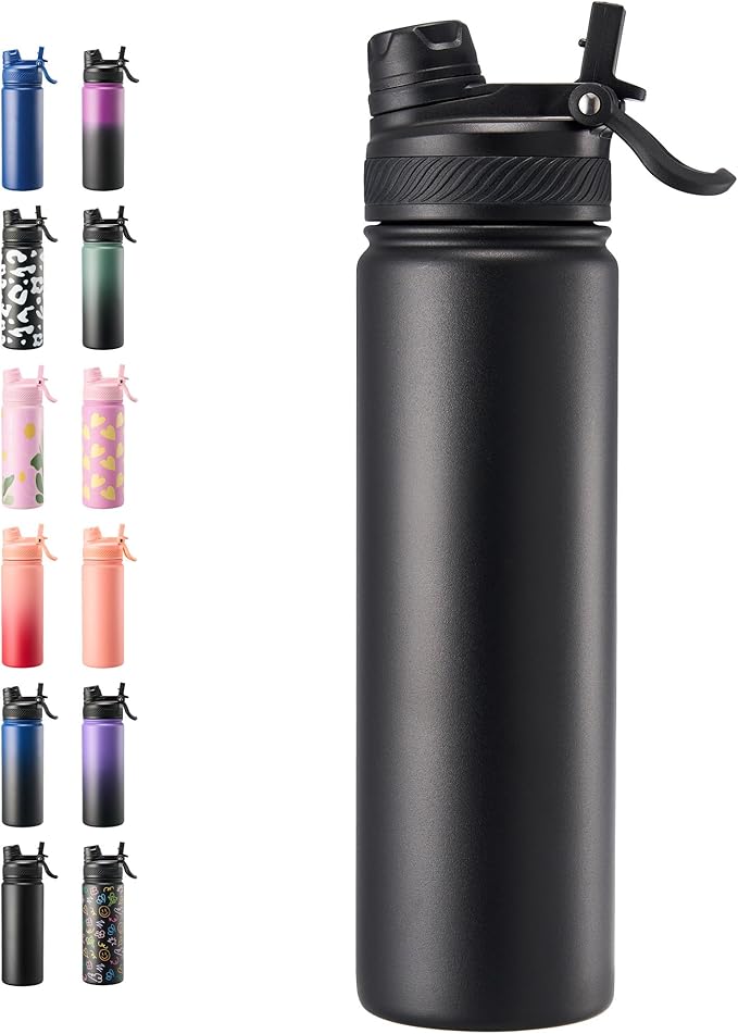 Fijinhom 24 oz Insulated Water Bottle, 2-in-1 Straw and Spout Lid Stainless Steel Thermos, Leak-Proof, Double Wall Vacuum Flask, Keep Cold 24H for Outdoor, Sports, Travel, School (Black)
