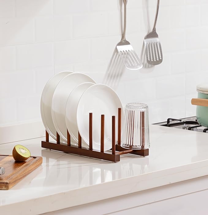 HBlife 6 Slots Teak Dish Plate Bowl Cup Book Pot Lid Cutting Board Drying Rack Stand Drainer Storage Holder Organizer Kitchen Cabinet（Keep Dry）