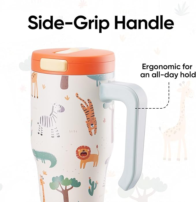 Fijinhom 25 oz Insulated Tumbler with Handle, Stainless Steel Insulated Water Bottle Coffee Mug with Straw, Coffee Cups, Cute Water Bottle for Sports, Travel, Lunch, White Zoo