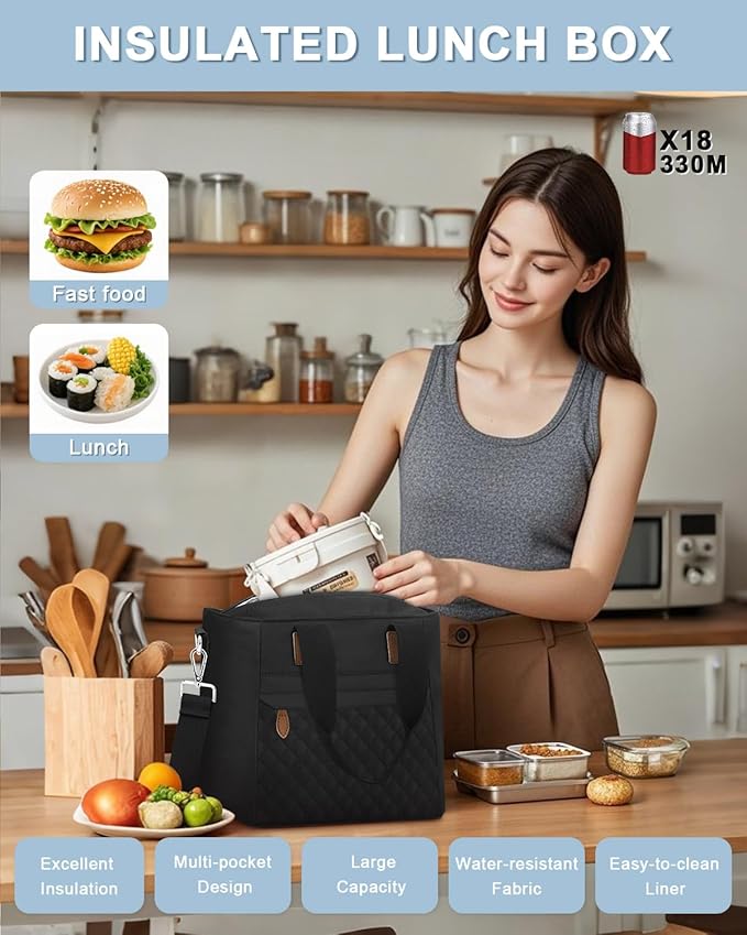 Insulated Lunch Box for Women & Men - Large Thermal Lunch Bag Women with Removable Shoulder Strap, Reusable Lunch Cooler Tote Bags Purse for Adults Work, Picnic, Hiking, Beach, Travel, Medium，Black