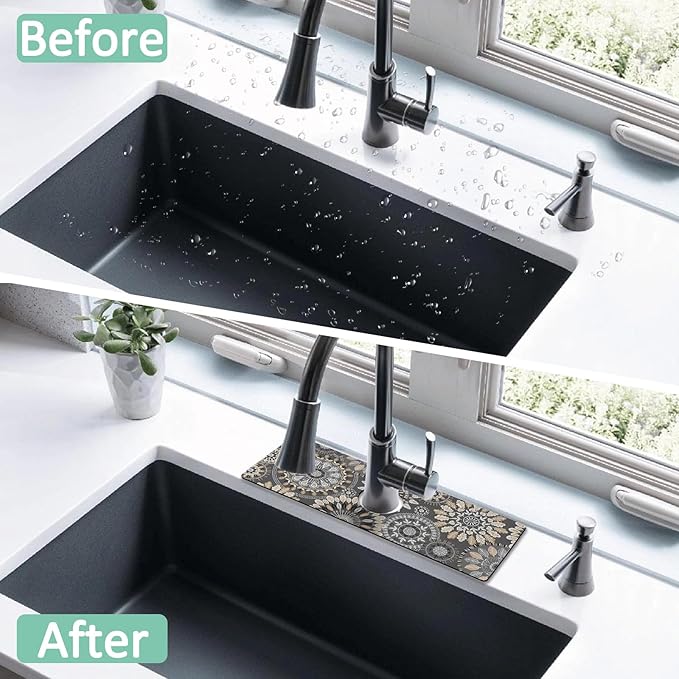 2 Pack 2 Pack Kitchen Sink Splash Guard Faucet Mat 15" X 5.5" Mandala Absorbent Fast Drying Mat Faucet Draining Mat Sink Splash Guard Behind Faucet Drip Catcher for Kitchen Bathroom