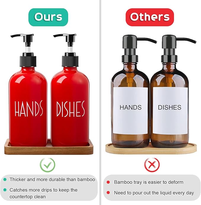 ALELION Dish Soap Dispenser for Kitchen - 16 OZ Glass Hand Soap Dispenser Set with Acacia Wood Tray - Red Kitchen Bathroom Decor and Accessories