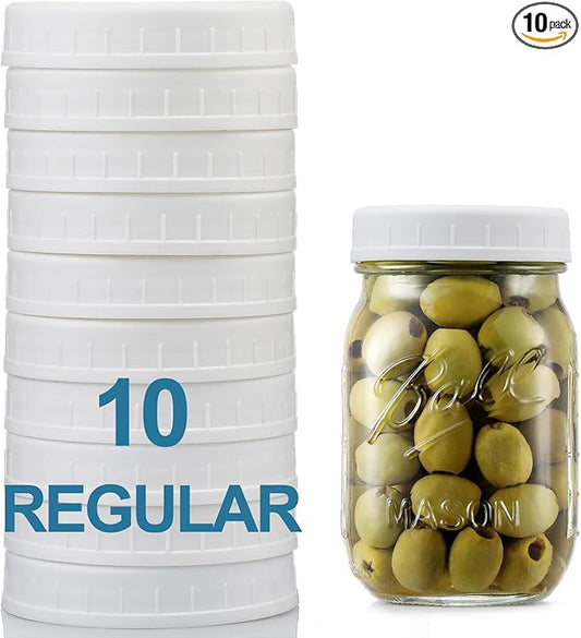 AOZITA 10 Pack REGULAR Mouth Mason Jar Lids for Ball, Kerr and More - White Plastic Storage Caps for Mason/Canning Jars - Leak-Proof, Dishwasher Safe & Food Grade