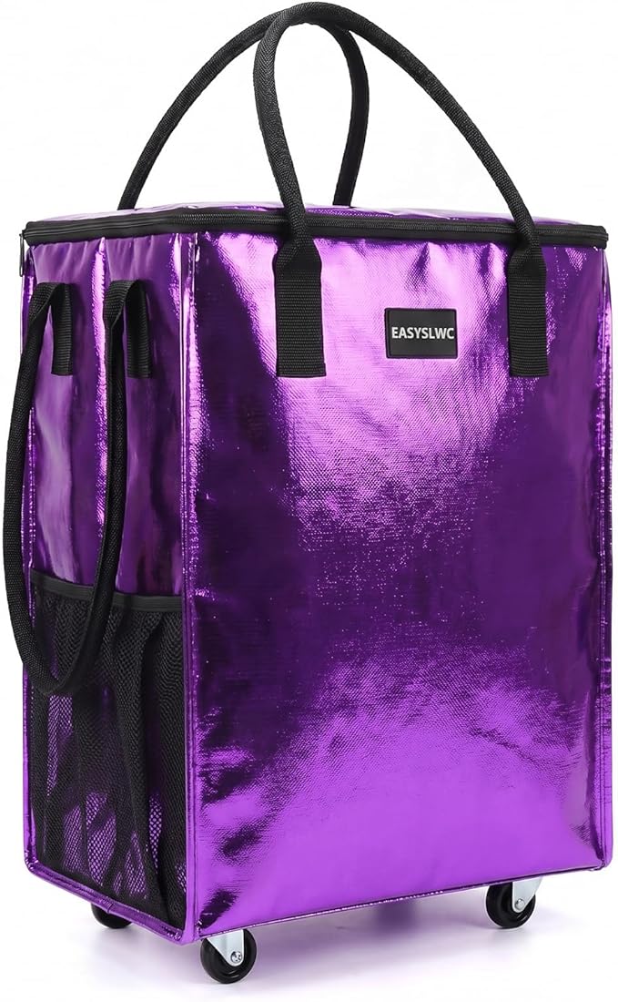 Reusable Hauler Rolling Tote Bag, Collapsible Portable Shopping Bag with Wheels for Groceries, Apartments Laundry, Organization , Heavy Duty Utility Tote Bag, Travel and Moving, 75lbs, Glossy Purple