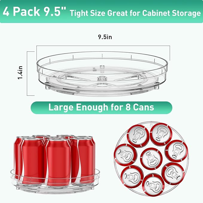 2 Pack Lazy Susan Organizer, 9.5" Lazy Susan Turntable Spice Rack for Cabinet, Refrigerator Organizer and Storage for Pantry, Closet, Countertop, Non-Skid Fridge Organizers