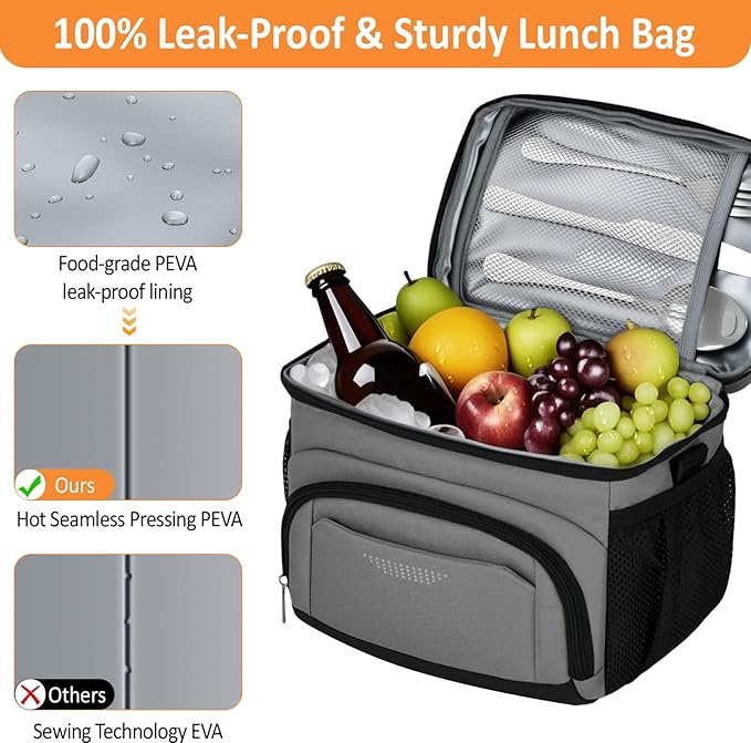 Vankor Insulated Lunch Bag for Men Women, Reusable Lunch Box Leakproof Cooler Lunch Tote Bag with Adjustable Shoulder Strap for Work Office Picnic Beach Travel, Grey