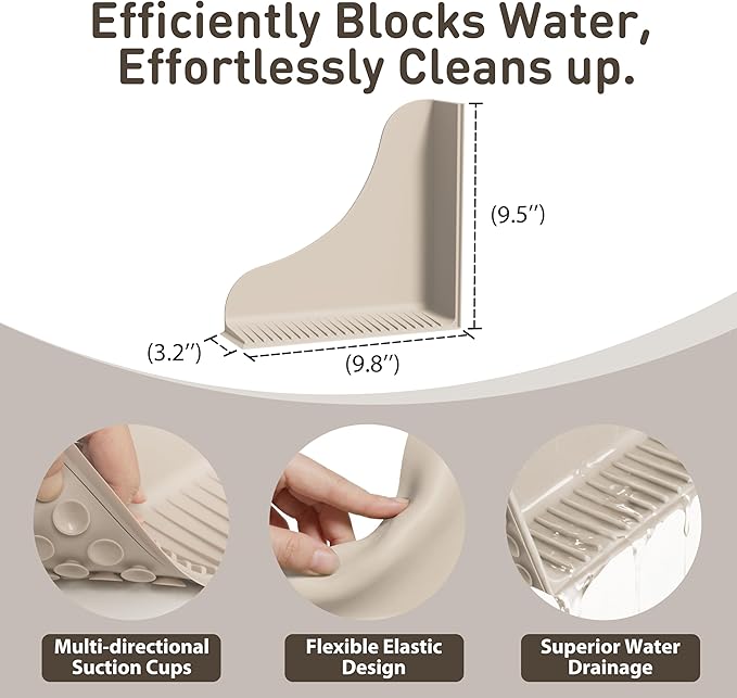 Roslim No-Adhesive 2-Pack All-Silicone Shower Splash Guard with Strong Suction Cups, Reusable Bath Tub Corner Water Blocker for Secure Seal，Keep Water in Shower or Bath, One-Piece Design, Taupe