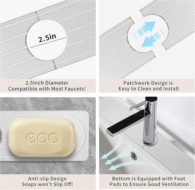 Stone Faucet Mat for Kitchen Sink, Diatomite Fast Drying Absorb Moisture Tray, Prevents Water Buildup, Durable Anti-slip Splash Guard Sink Protector (White, 15.7"x4")