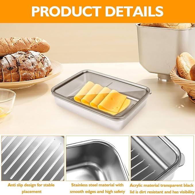 2 Pcs Cheese Container | Deli Meat Storage for Refrigerator, Stainless Steel Luncheon Meat Storage with Lid Containers for Fridge, Food Container for Kitchen