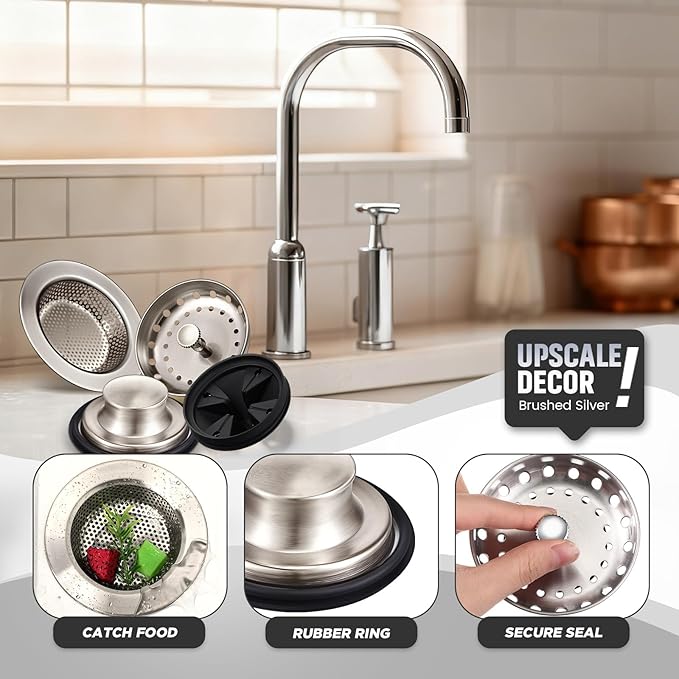 4 Pcs Brushed Silver Kitchen Sink Accessories Garbage Disposal Splash Guards 3.4'' Sink Drain Strainer and Stopper Stainless Steel Garbage Disposal Plug for Kitchen Drain Strainer