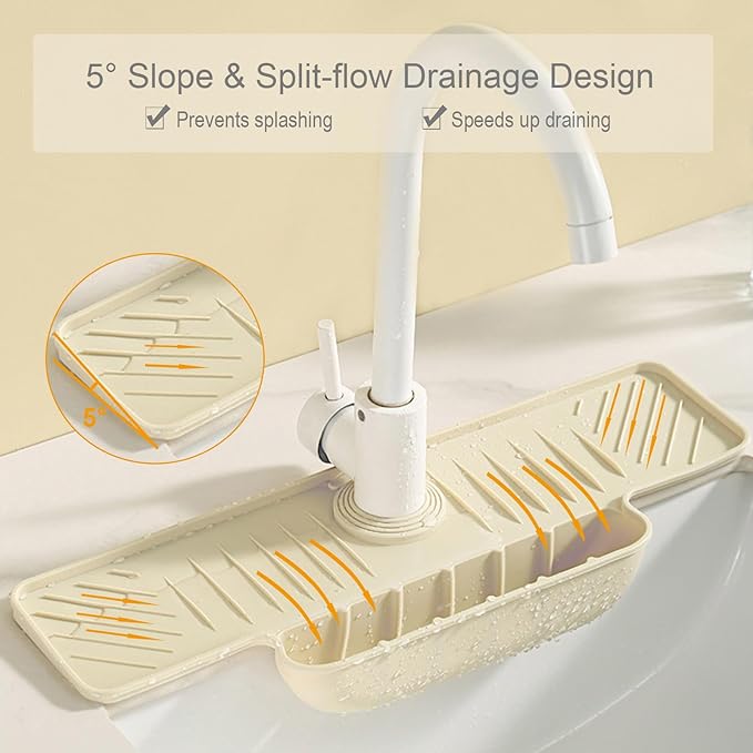 Silicone Faucet Mat with Sponge Holder, Sink Splash Guard, Faucet Draining Mat for Kitchen Bathroom, 5° Slope Split-flow Drainage, Sink Dry and Tidy Organizer, Beige