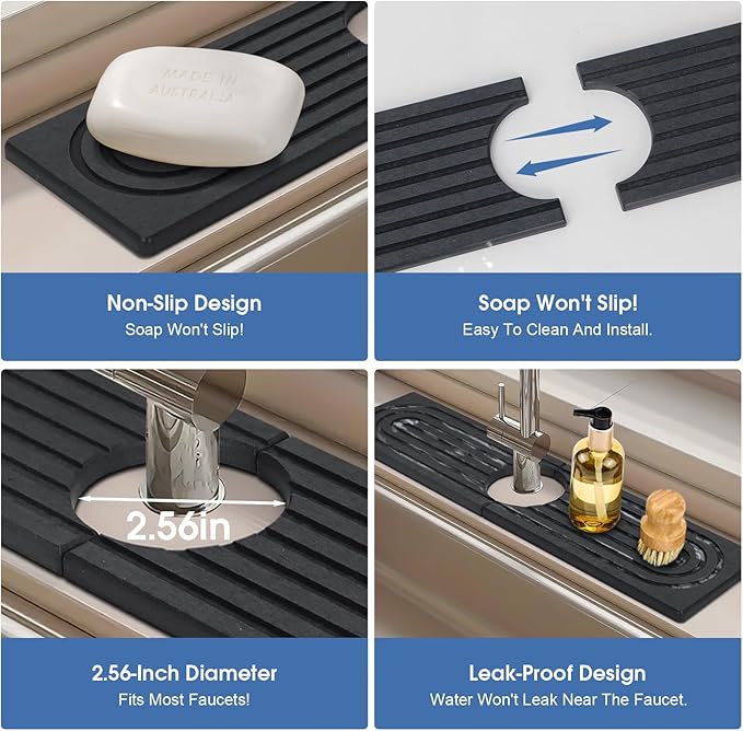 Fast Drying Stone Faucet Mat for Kitchen Sink with Raised Feet, Quick Drying Splash Guard, Faucet Splash Guard, Durable Protector for Kitchen, Bathroom Counter, Dark Gray, 15.8" x 4"