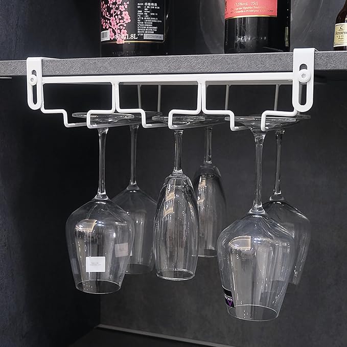 Adjustable Under Cabinet Stemware Holder - Metal Wine Glass Hanger Organizer for Kitchen, Bar, Shelf - Rustproof Hanging Storage Rack for 6-8 Glasses - Space Saving Decor (White, 3 Rows)