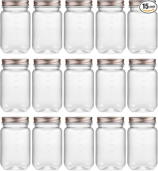novelinks 16 oz Clear Plastic Jars with Lids, Refillable 16oz Mason Jars with Lids & Storage Containers for Kitchen & Household Use (15 Pack,Rose Gold)