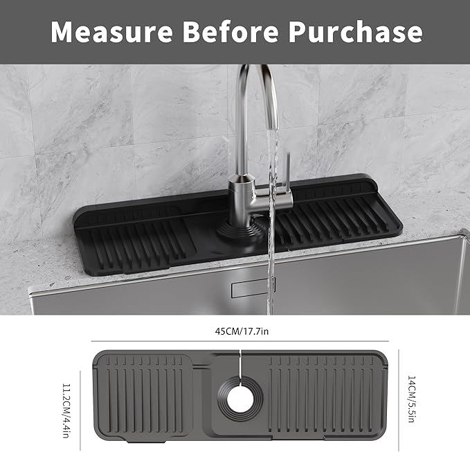 WAFT YEARN 17X5 Inch Silicone Durable Faucet Mat Kitchen Sink Splash Guard Draining Protector Tray Liner Absorbent Protective Counter Accessories For Sink Kitchen Bathroom Laundry Room Bar & RV Black