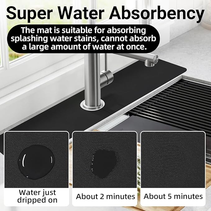 LOPNUR Faucet Mat for Kitchen Sink Protectors, 24 Inch Long Kitchen Sink Splash Guard Behind Faucet, Cuttable Bathroom Water Splash Guard with Super Absorbent Diatomite Fast Drying, Black