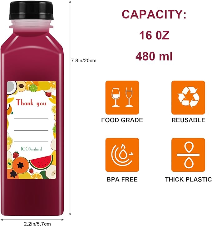 36pcs 16 oz Plastic bottles with lids,Juice bottles with caps, Reusable Clear Bulk Beverage Containers for Juice, Milk and Other Beverages