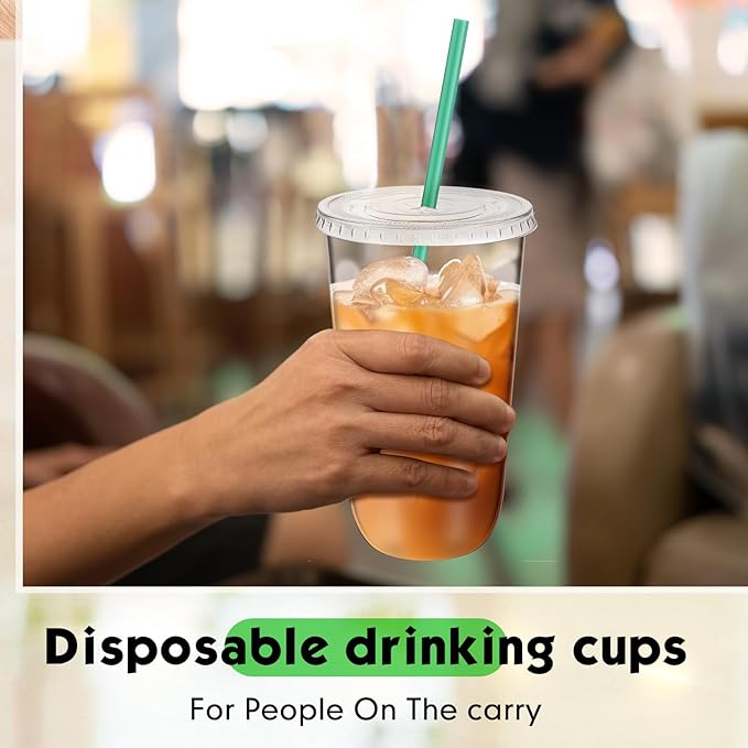 Baderke 25 Set Plastic Cups with Lids and Straws, Disposable Plastic Iced Coffee Cup for Cold Beverage Juice Smoothie Crystal for Coffee Shops Party Catering(Clear,18 oz)