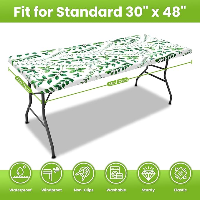 Smiry Spandex Fitted Tablecloth for 4 Foot Rectangle Tables, Washable Picnic Table Cover with Elastic, Stretch Reusable Table Cloth for Outdoor, Camping, Dining & Kitchen (Leaf, 30"x48")